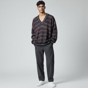 SANSABELT SPORT V-Neck Sweater Men’s M Made In USA Striped Cotton Dead Stock